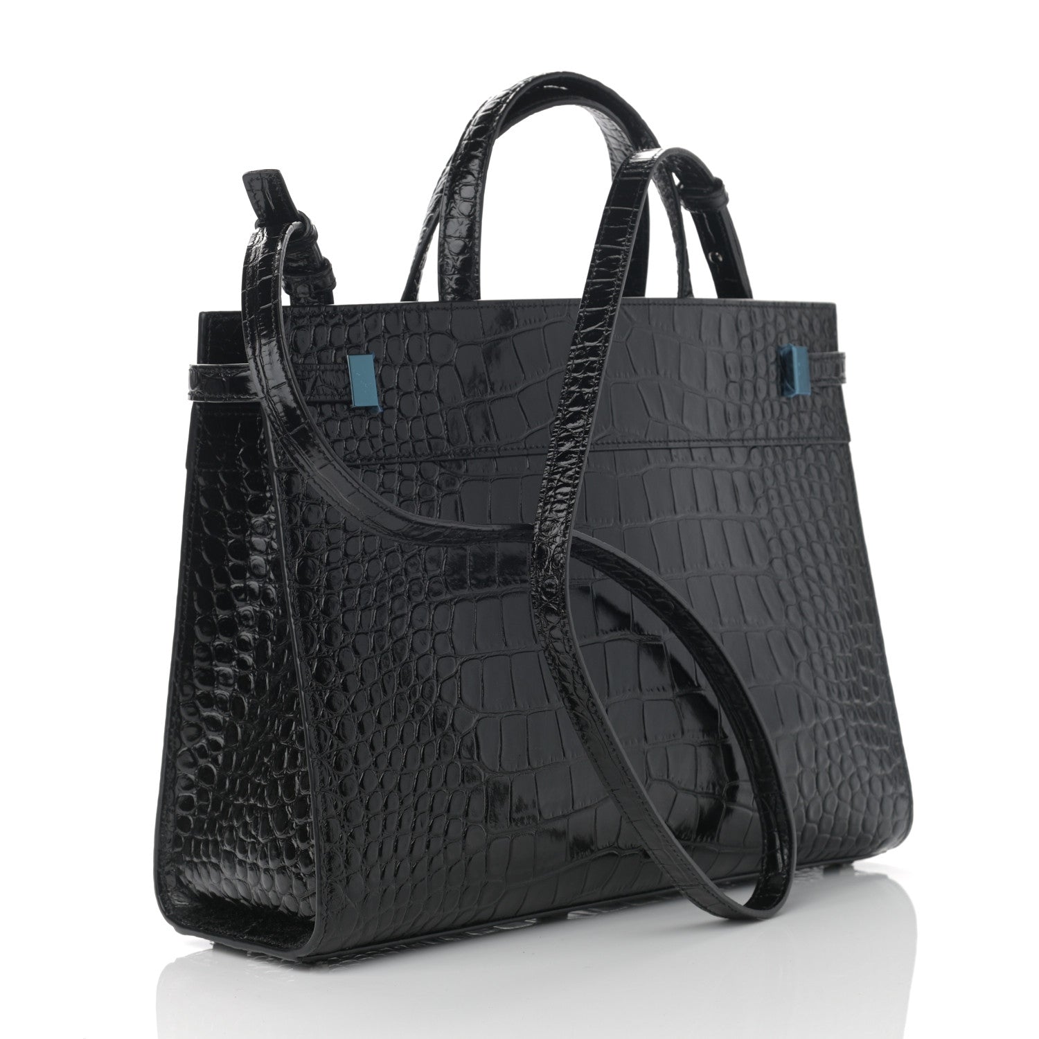 Saint Laurent Shiny Calfskin Crocodile Embossed Small Manhattan Shopper Tote Black 3 of 10