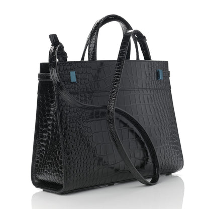Saint Laurent Shiny Calfskin Crocodile Embossed Small Manhattan Shopper Tote Black 3 of 10