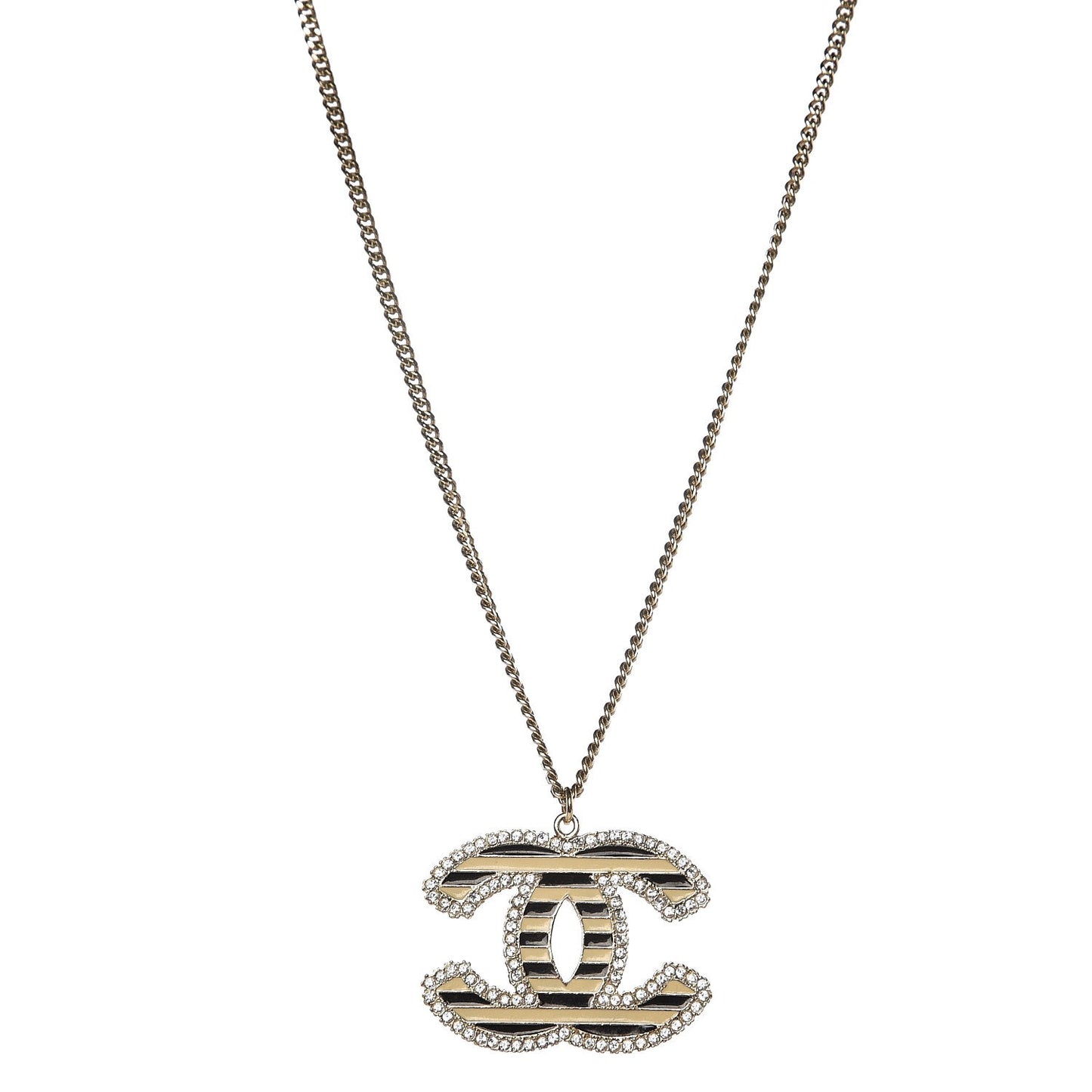 Crystal Enamel Striped CC Pendant Necklace Gold