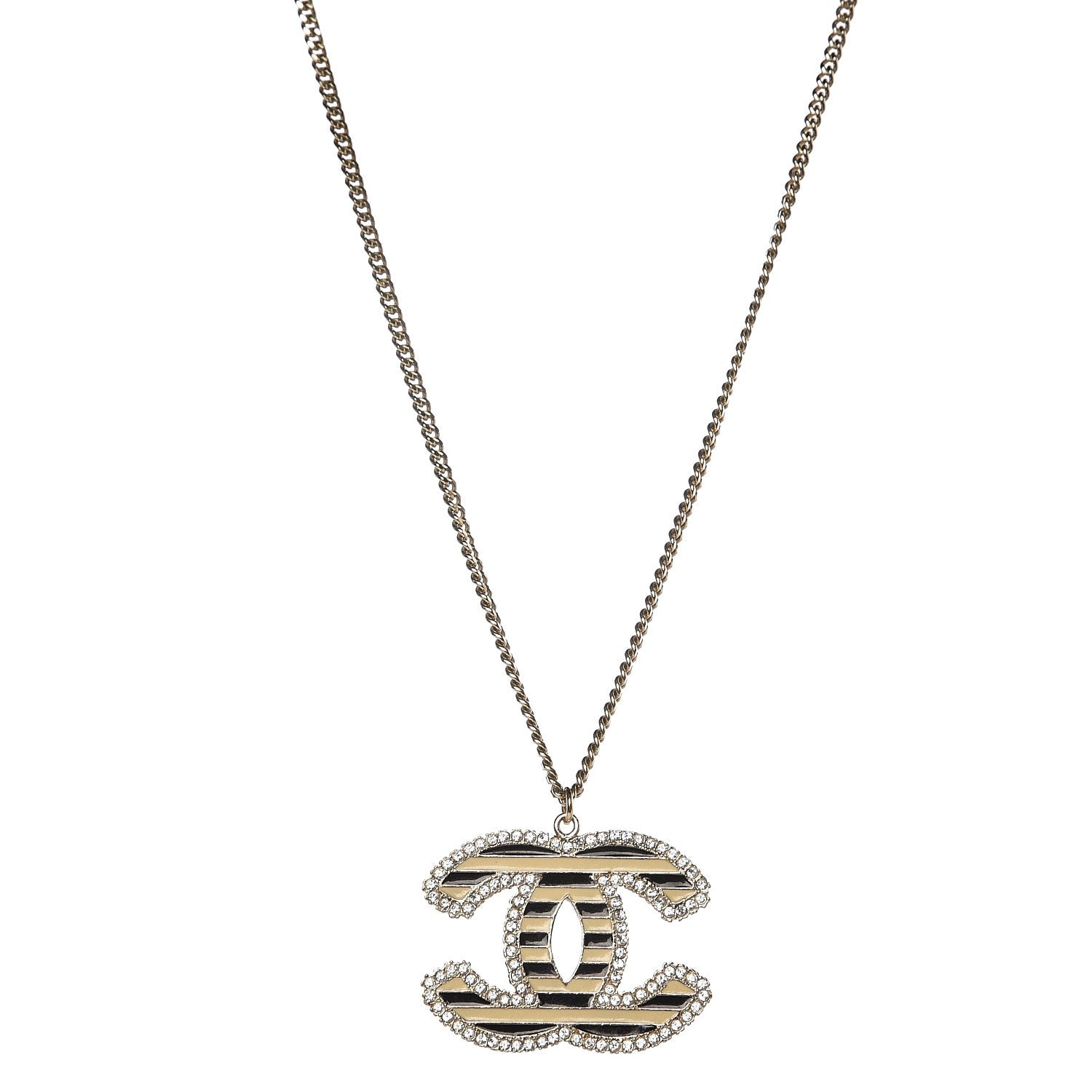 Chanel Crystal Enamel Striped CC Pendant Necklace Gold 1 of 6