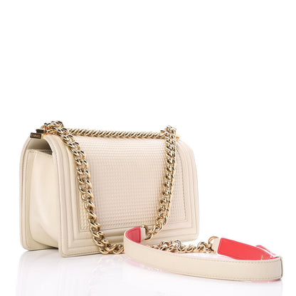 Chanel Lambskin Embossed Medium Boy Cube Flap White Red 3 of 7