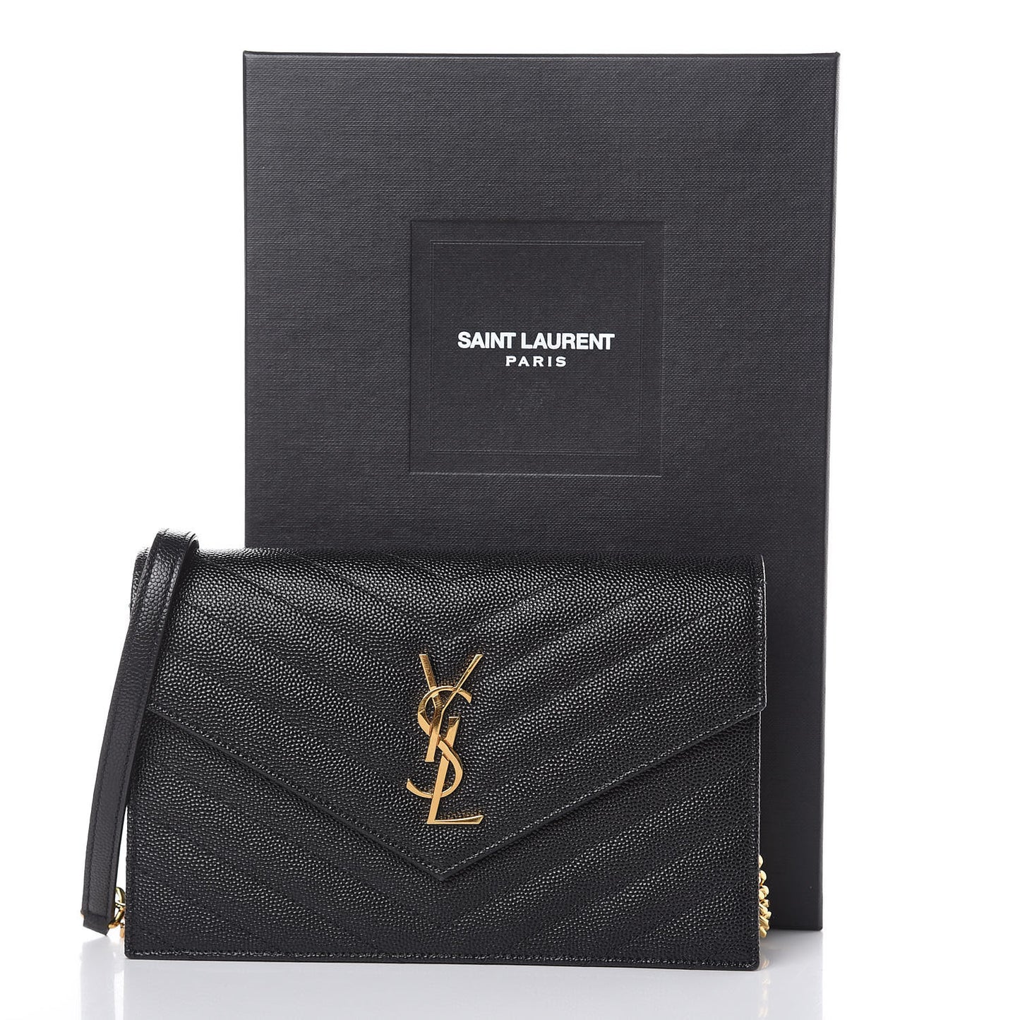 Grain De Poudre Matelasse Chevron Monogram Envelope Chain Wallet Black