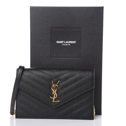 Saint Laurent Grain De Poudre Matelasse Chevron Monogram Envelope Chain Wallet Black 11 of 11