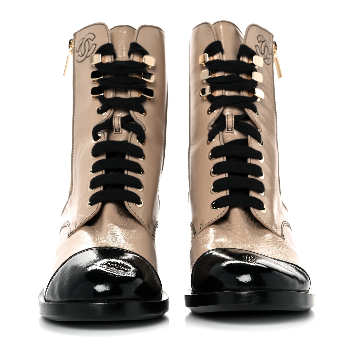 Patent Calfskin CC Lace Up Short Boots 39.5 Beige Black