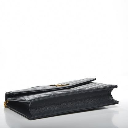 Saint Laurent Grain De Poudre Matelasse Chevron Monogram Envelope Chain Wallet Dark Smog 3 of 9