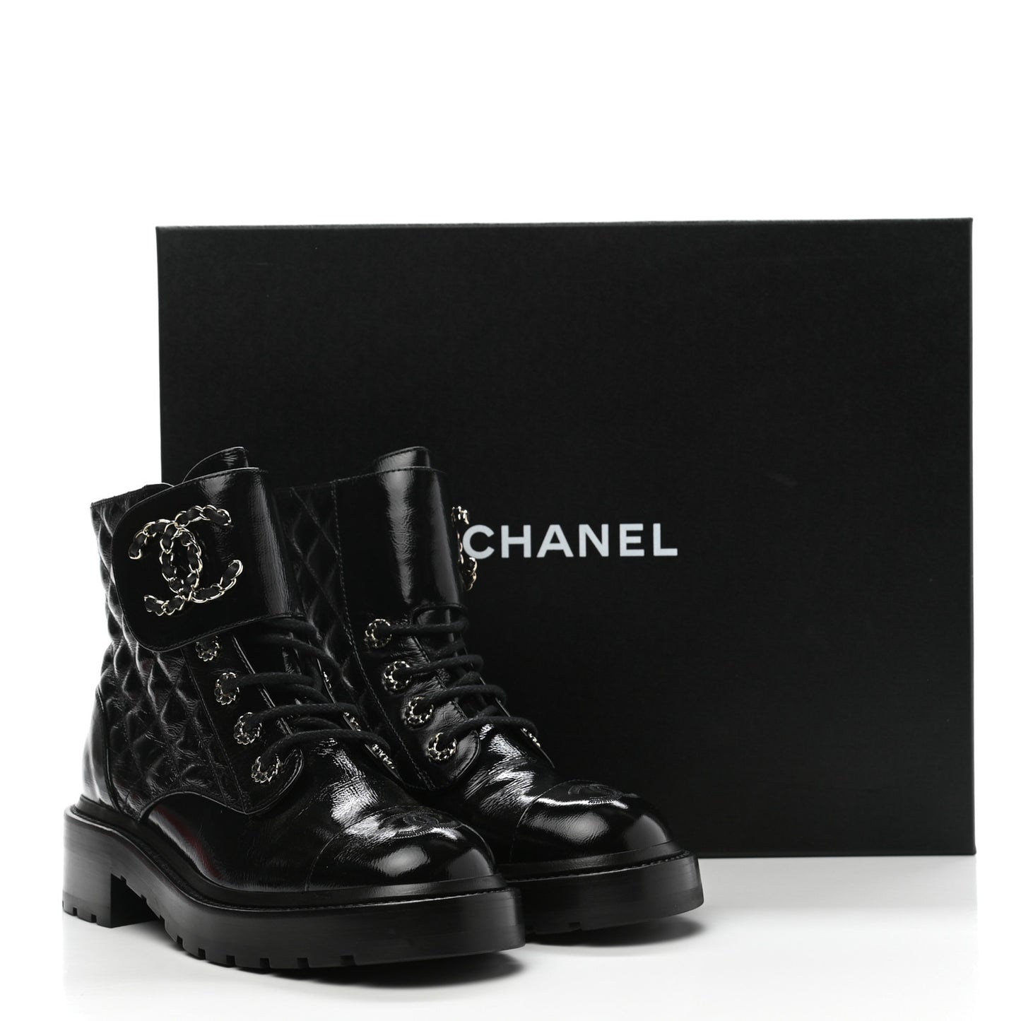 Shiny Calfskin Quilted Lace Up Combat Boots 36.5 Black