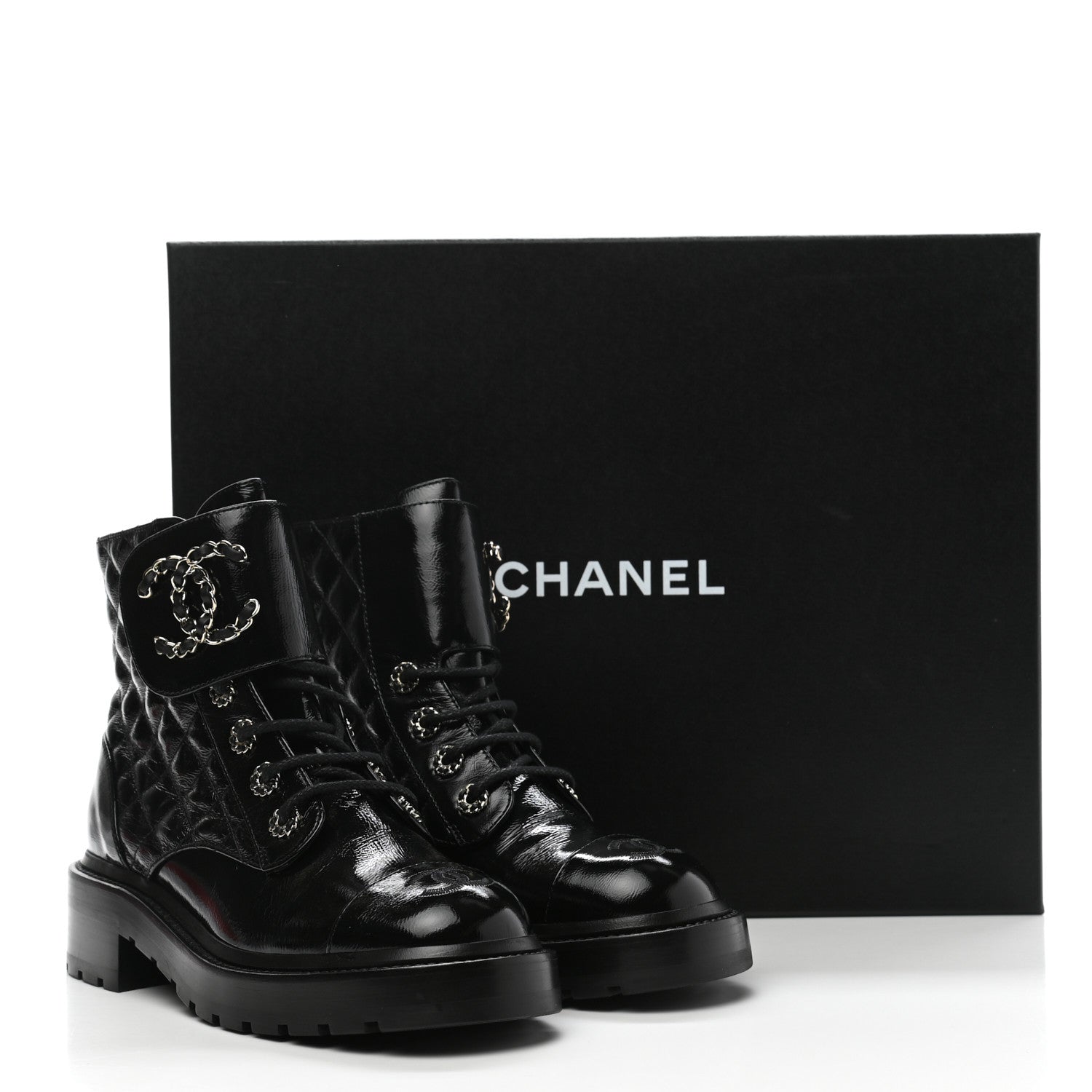 Chanel Shiny Calfskin Quilted Lace Up Combat Boots 36.5 Black 9 of 9