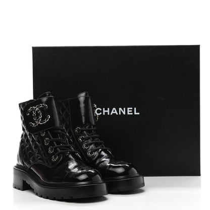 Chanel Shiny Calfskin Quilted Lace Up Combat Boots 36.5 Black 9 of 9