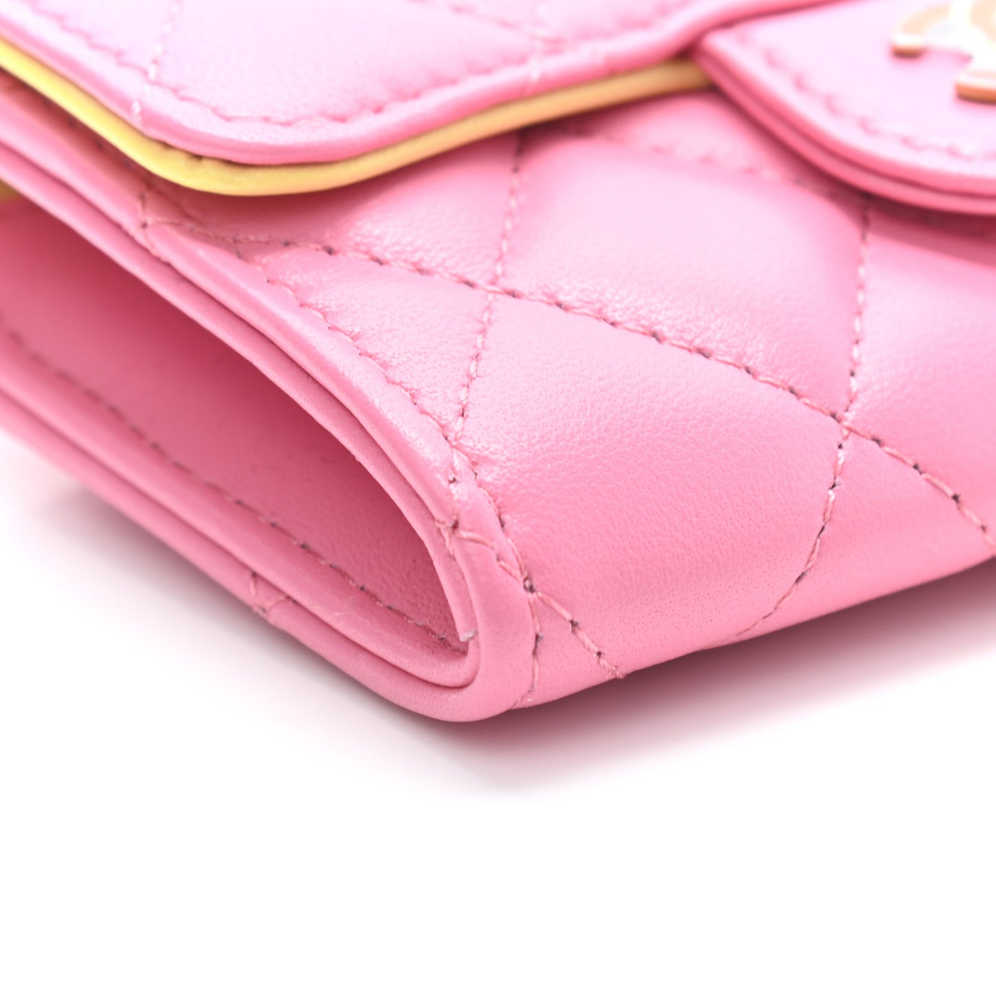 Lambskin Quilted Flap Card Holder Wallet Pink Yellow