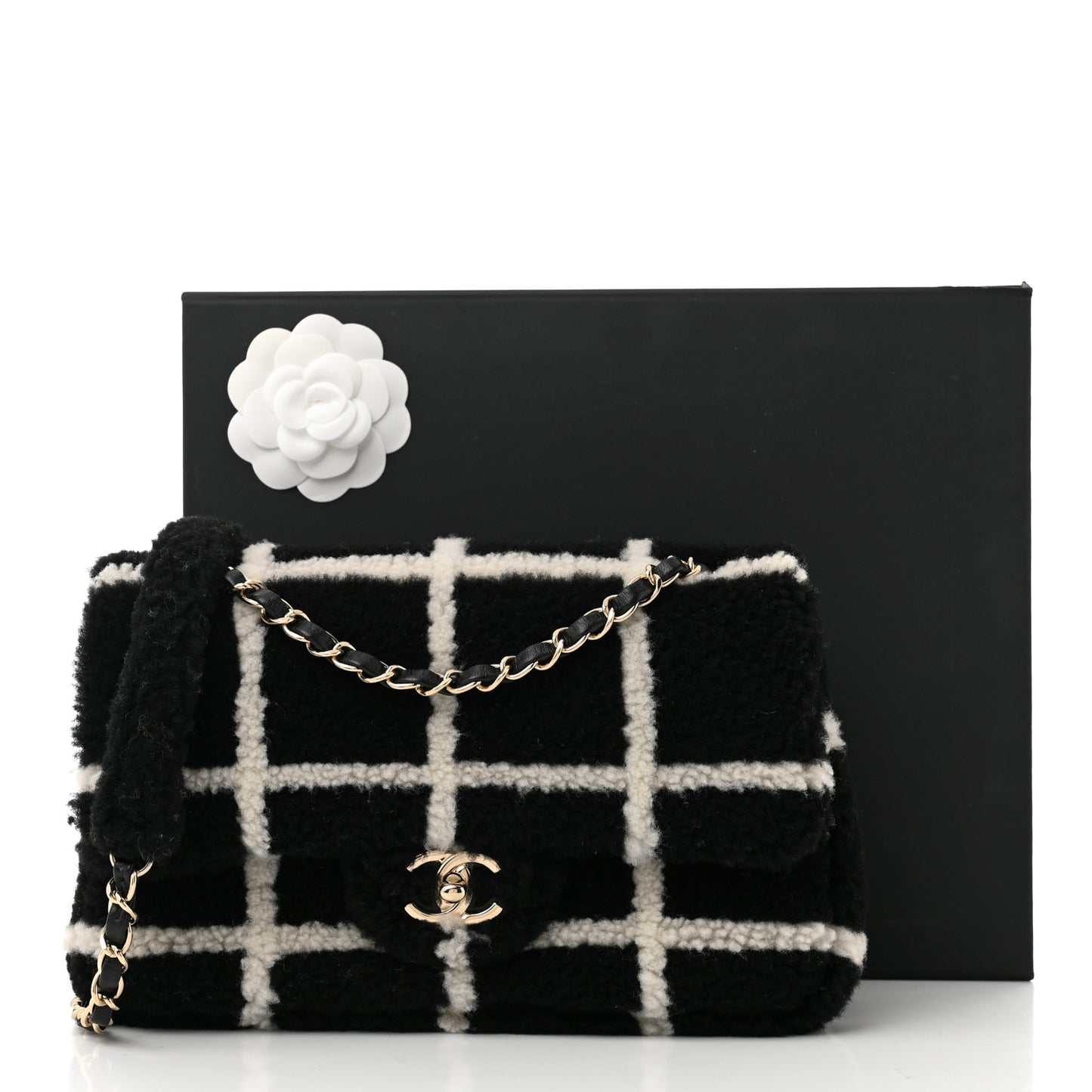 Shearling Lambskin Large Fluffy Tartan Single Flap Black White