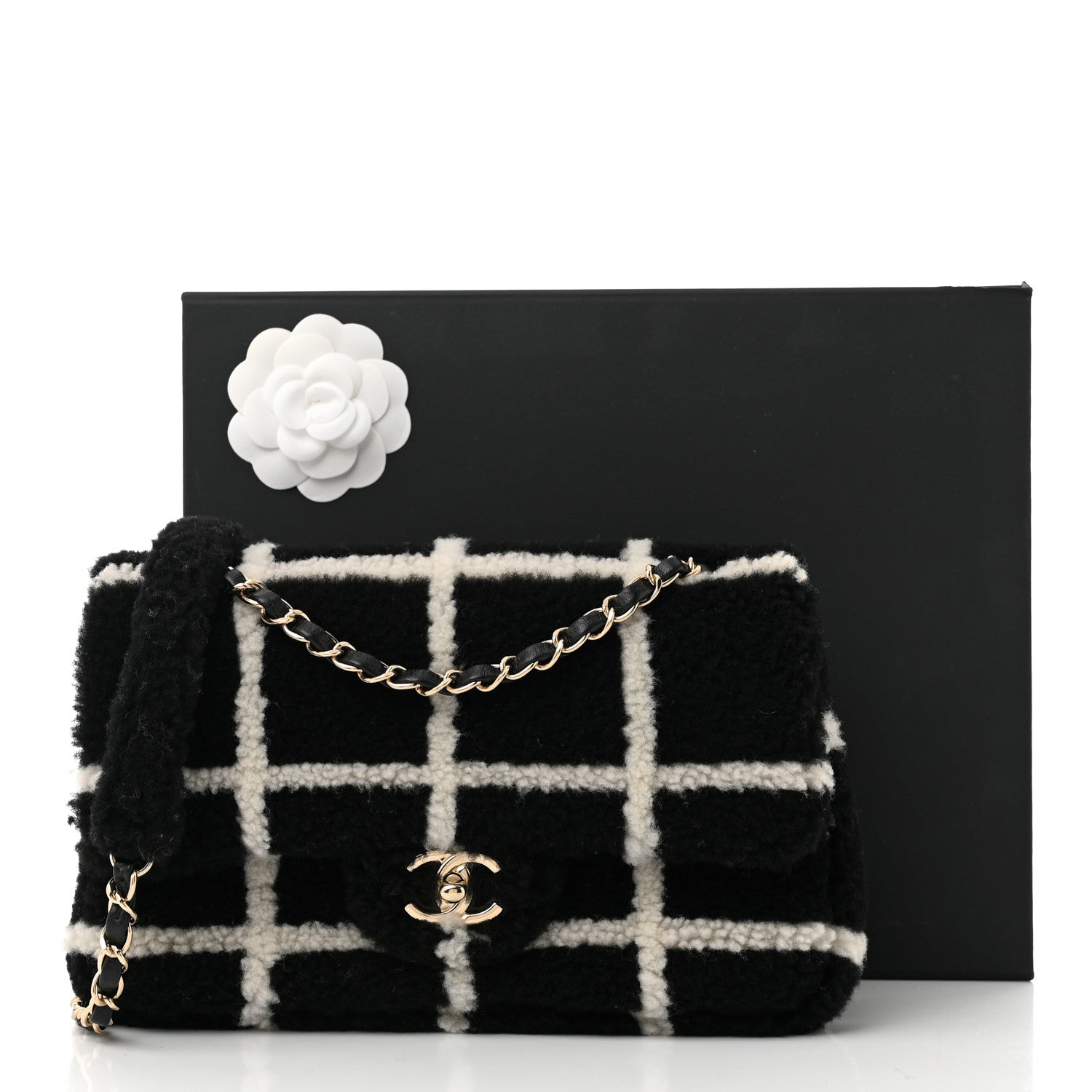 Chanel Shearling Lambskin Large Fluffy Tartan Single Flap Black White 11 of 11