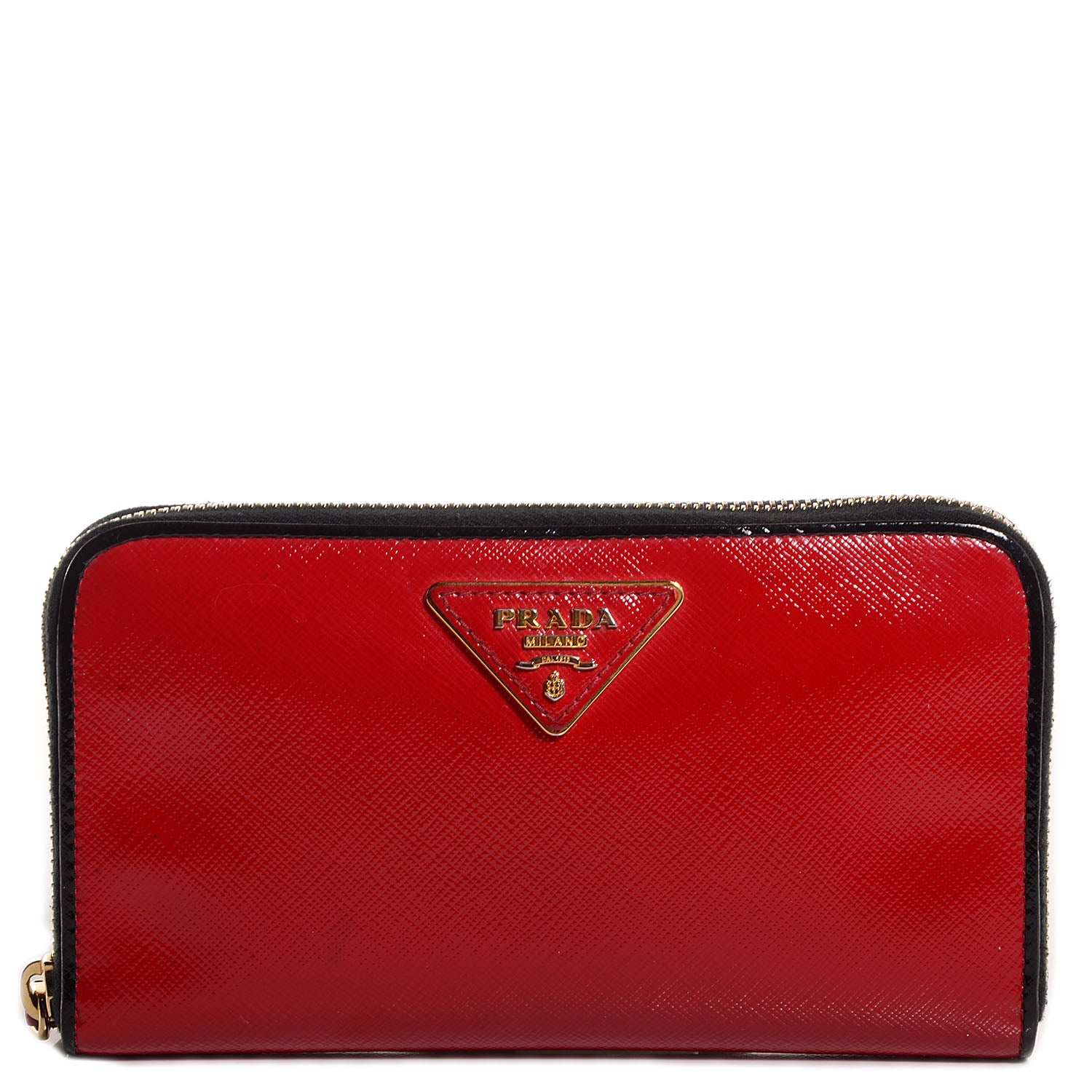 Prada Saffiano Vernice Bi-Color Zip Around Wallet Rosso Black 1 of 9