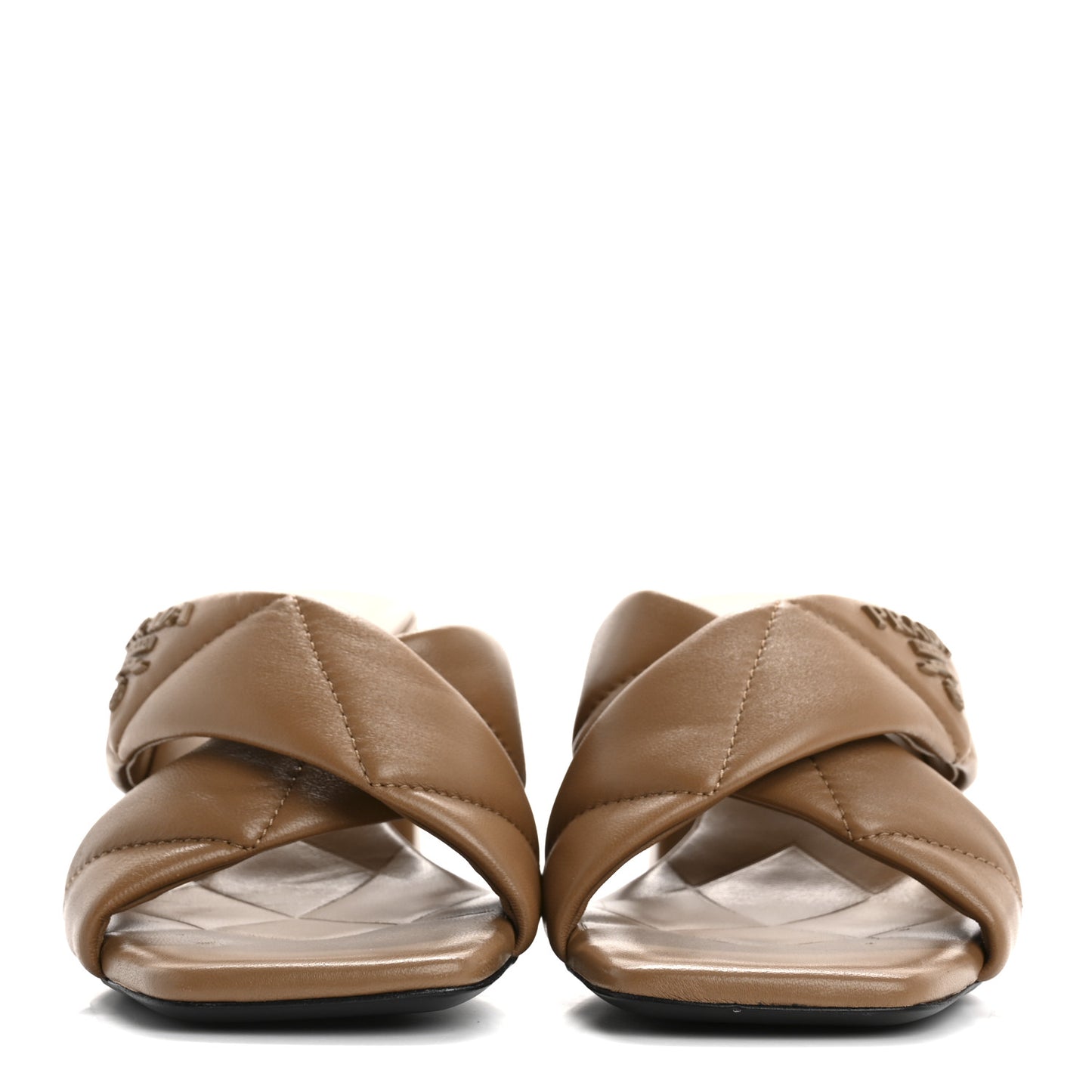 Nappa Logo Quilted Crisscross 65mm Block Heel Slide Sandals 37 Brown