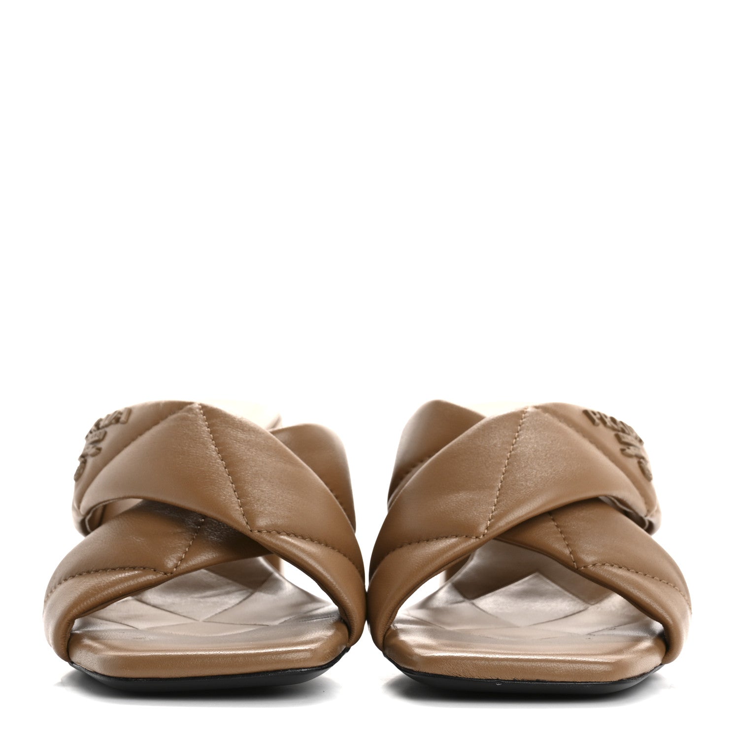 Prada Nappa Logo Quilted Crisscross 65mm Block Heel Slide Sandals 37 Brown 3 of 8