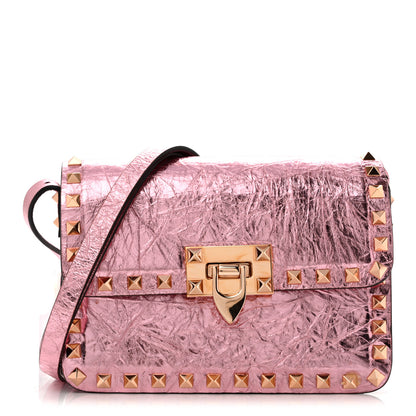 Valentino Garavani Metallic Crackle Effect Calfskin Rockstud Flip Lock Shoulder Bag Rose Cannelle 1 of 12