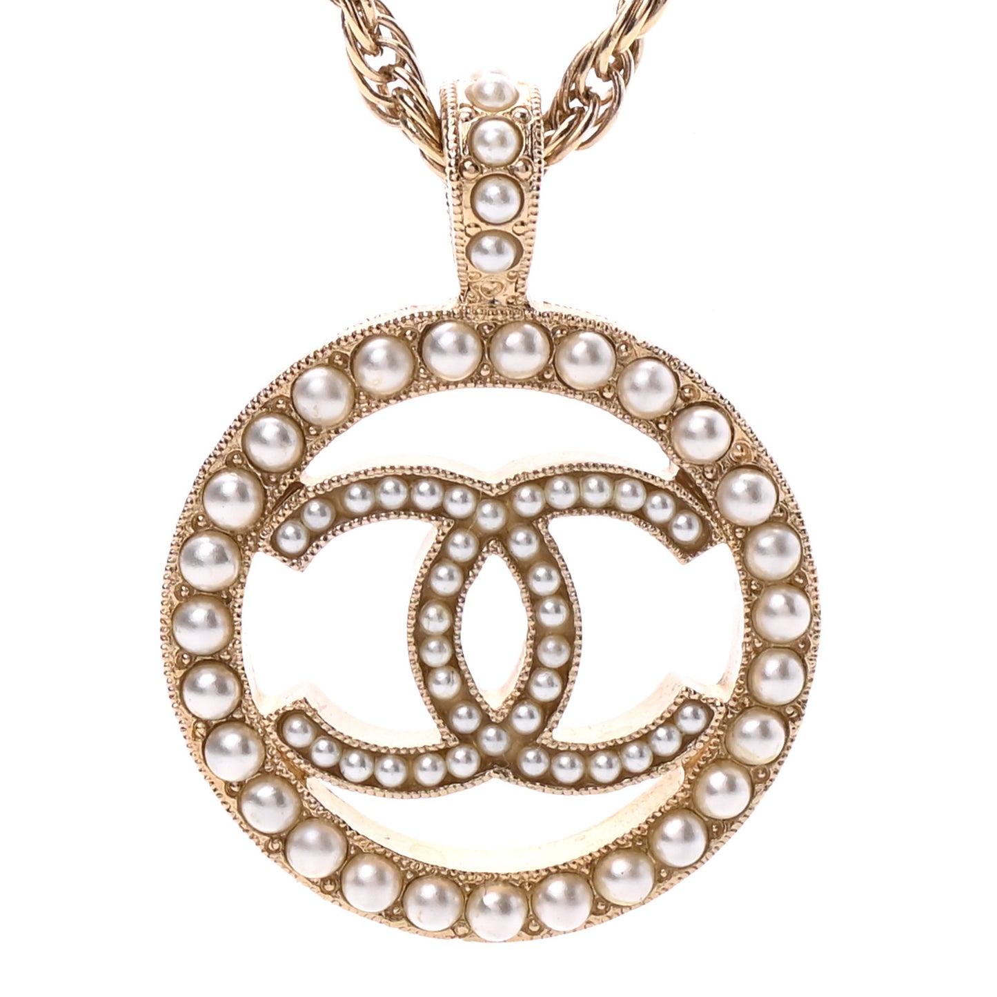 Pearl CC Round Pendant Necklace Gold