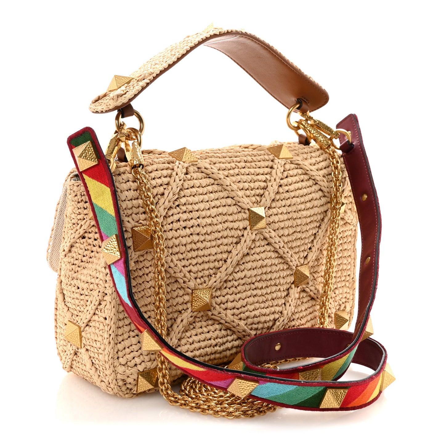 Raffia Large Roman Stud Shoulder Bag Naturale Multicolor