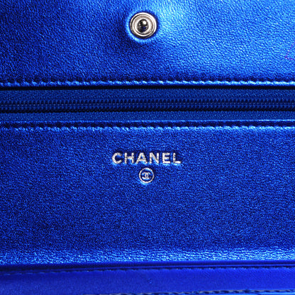 Chanel Metallic Patent Quilted Boy Wallet On Chain WOC Blue 7 of 9