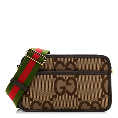 Gucci Monogram Jumbo GG Textured Dollar Calfskin Web Mini Crossbody Bag Camel Ebony New Acero 1 of 8