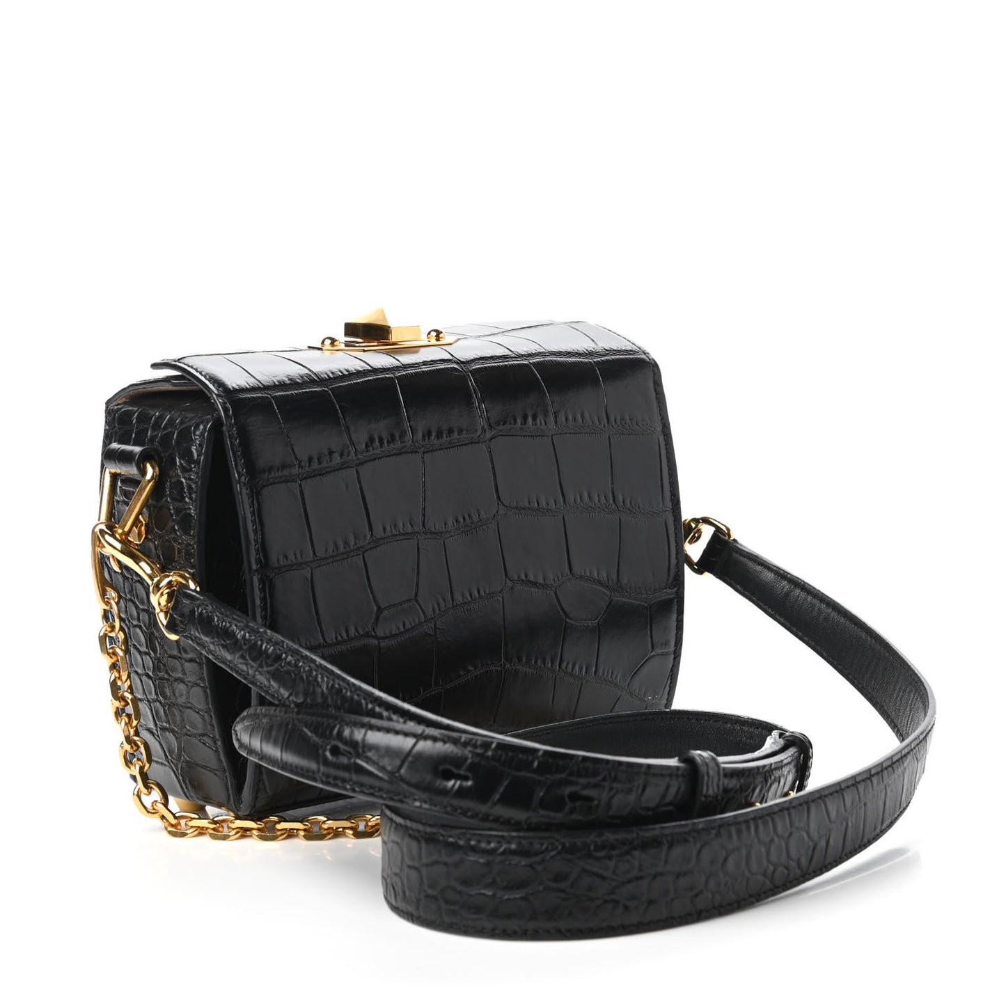 Calfskin Crocodile Embossed Box Shoulder Bag 19 Black