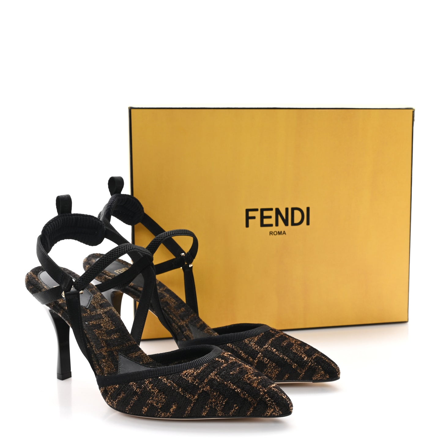 Fabric Jacquard FF Colibri Lite 85mm Slingback Pumps 40 Tobacco Black