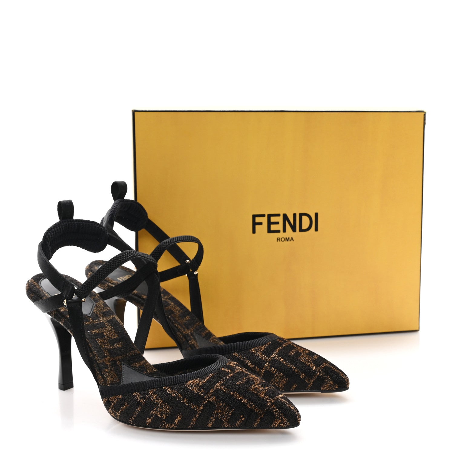Fendi Fabric Jacquard FF Colibri Lite 85mm Slingback Pumps 40 Tobacco Black 9 of 9
