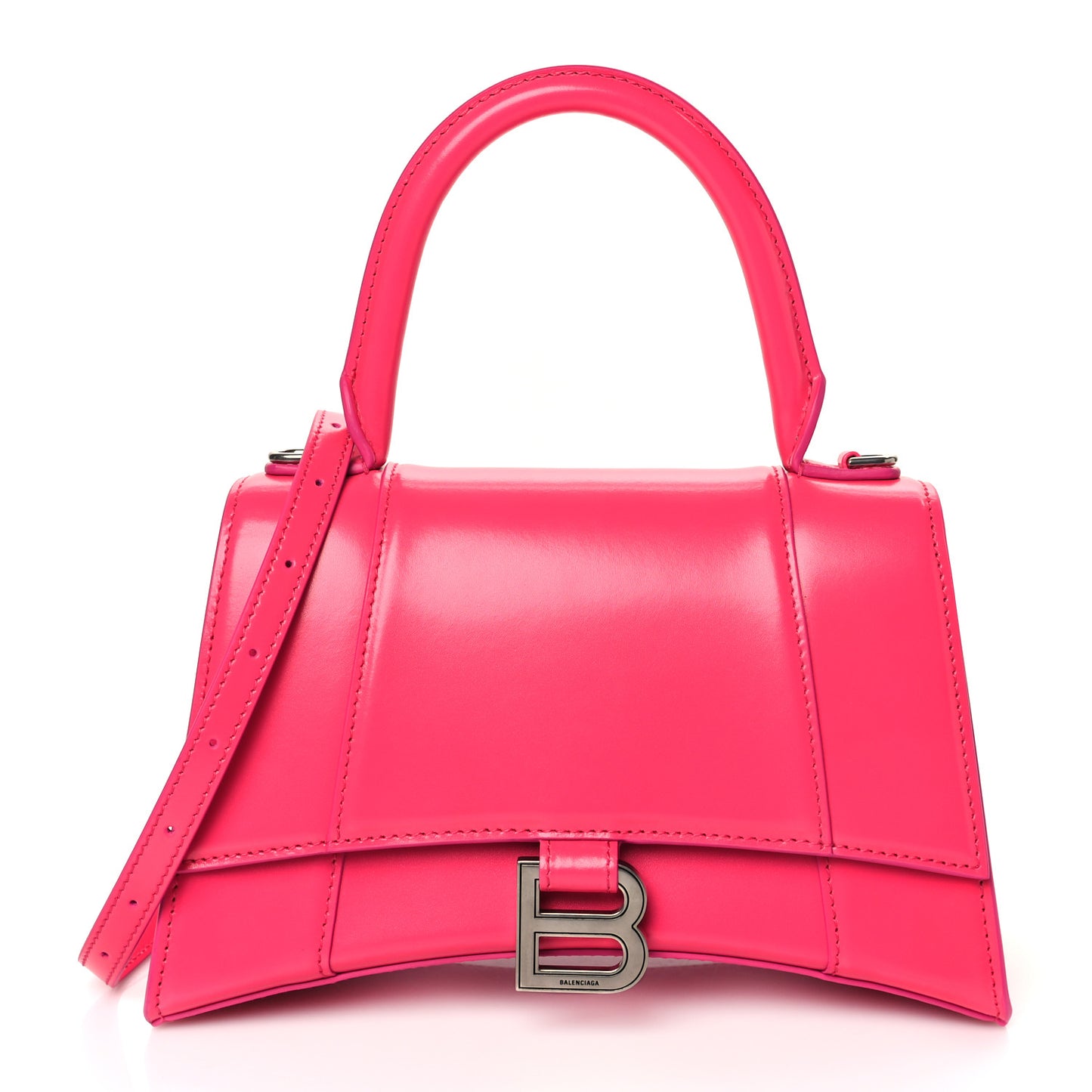 Shiny Box Calfskin Small Hourglass Top Handle Bag Acid Fuchsia