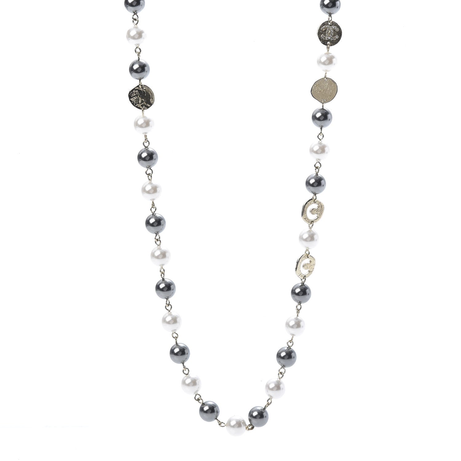 Chanel Pearl Papyrus Long Necklace Gold Pearly White Grey 1 of 4