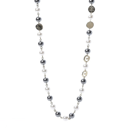 Chanel Pearl Papyrus Long Necklace Gold Pearly White Grey 1 of 4