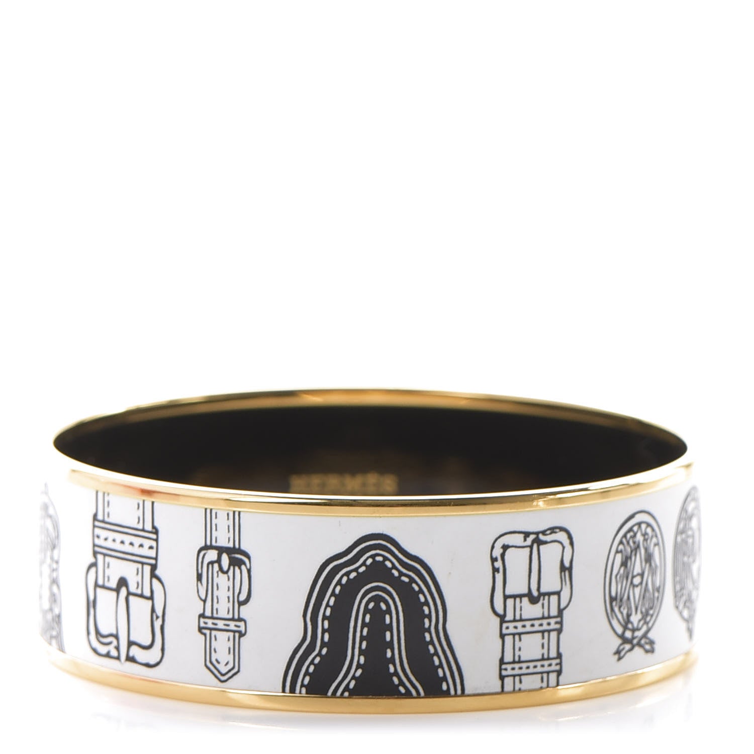 Hermes Enamel Printed Harnais Des Presidents Wide Bracelet 70 White Black 1 of 6