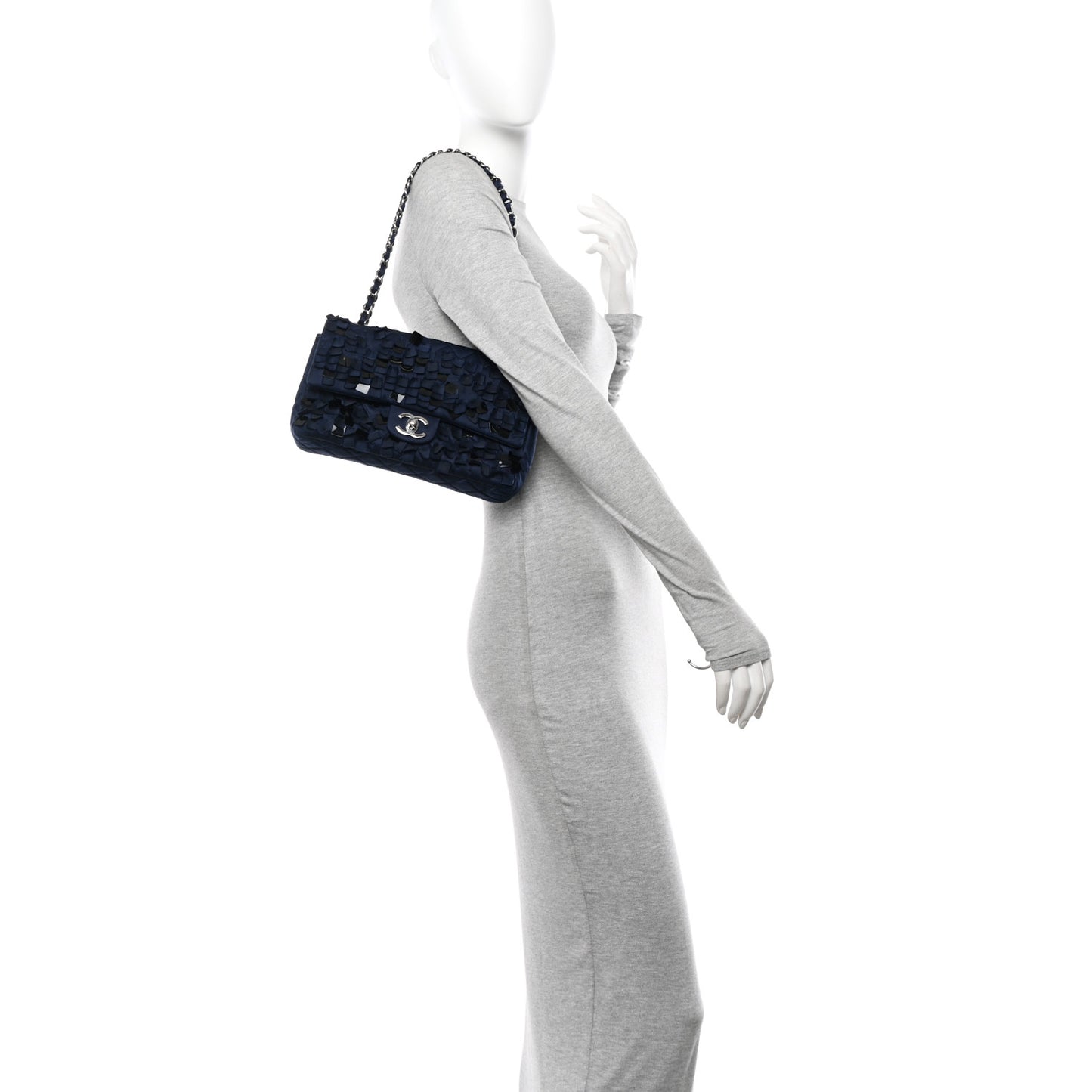 Satin Paillette Sequin Quilted Medium Single Flap Navy