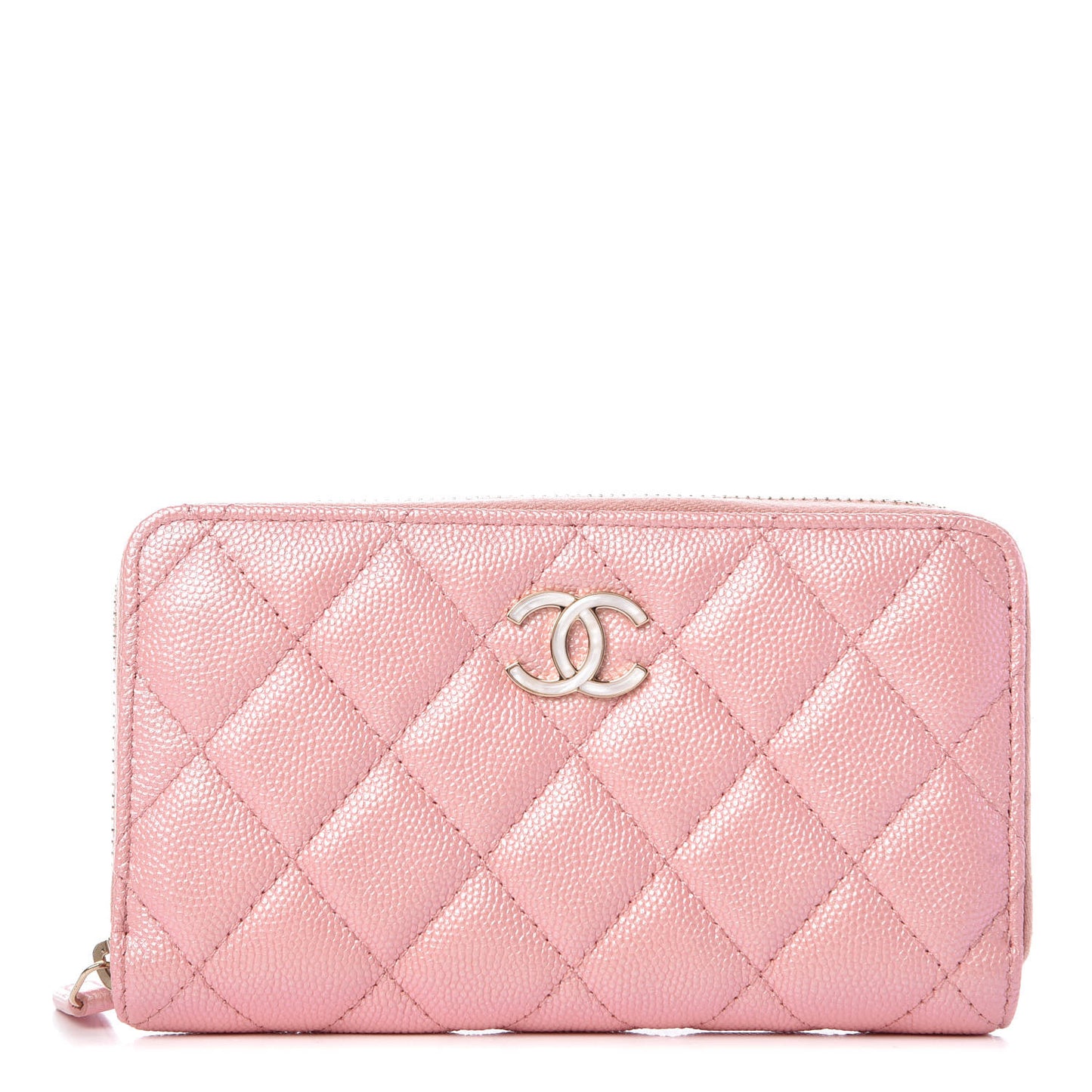 Iridescent Caviar Quilted Medium Zip Around Wallet Pink