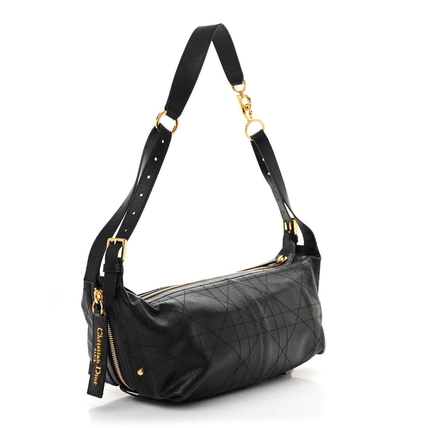 Shiny Grained Calfskin Macrocannage Medium D-Journey Bag Black
