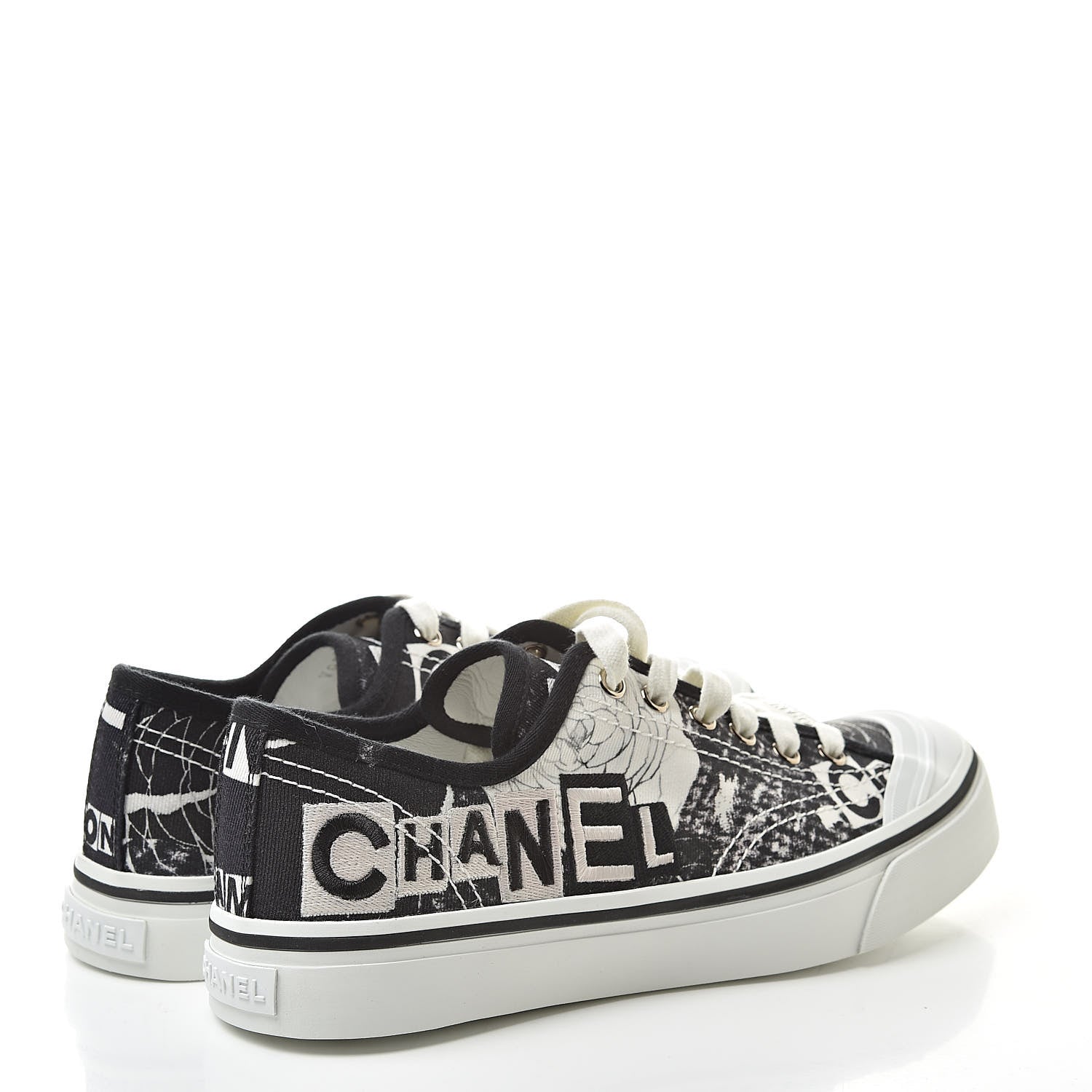 Chanel Printed Fabric Low Top Logo Sneakers 38.5 White Black 4 of 9