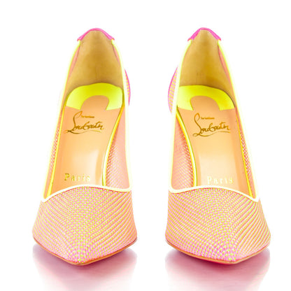 Christian Louboutin Lace Patent Raphia Follies 100 Pumps 37 Shocking Pink 2 of 9