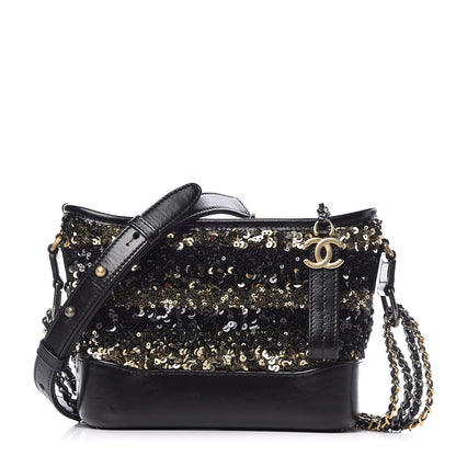 Chanel Sequin Calfskin Small Gabrielle Hobo Black Gold 1 of 9