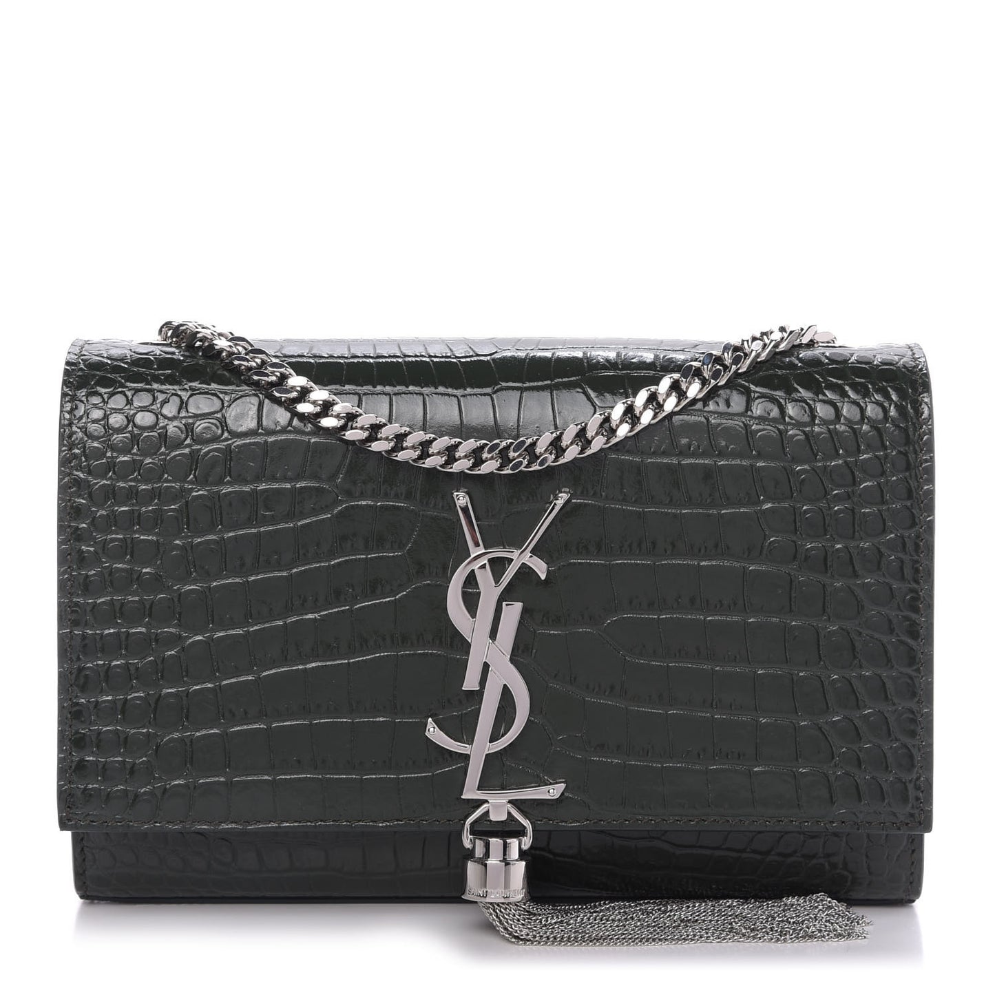 Calfskin Crocodile Embossed Small Classic Monogram Kate Tassel Satchel Dark Green