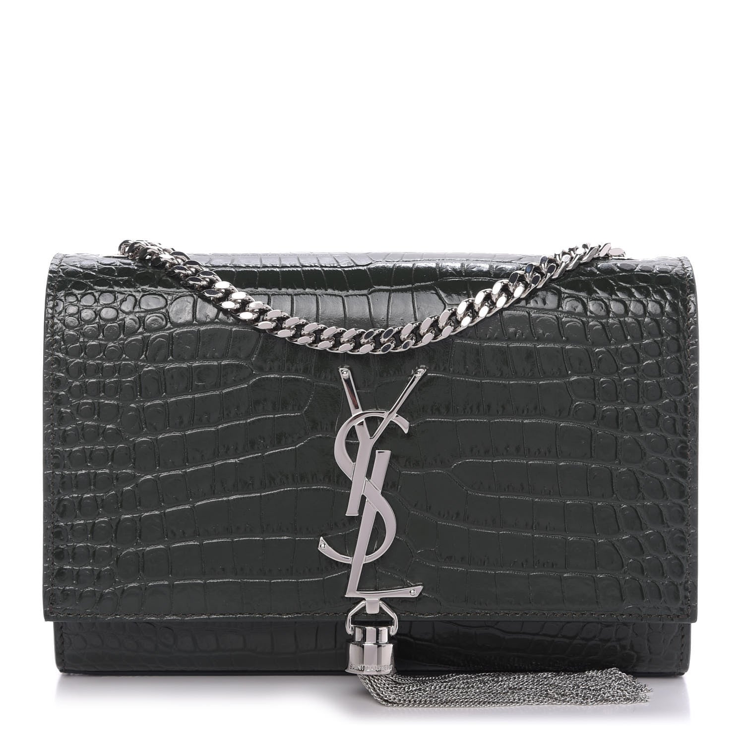 Saint Laurent Calfskin Crocodile Embossed Small Classic Monogram Kate Tassel Satchel Dark Green 1 of 8
