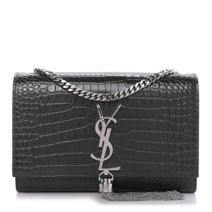 Saint Laurent Calfskin Crocodile Embossed Small Classic Monogram Kate Tassel Satchel Dark Green 1 of 8