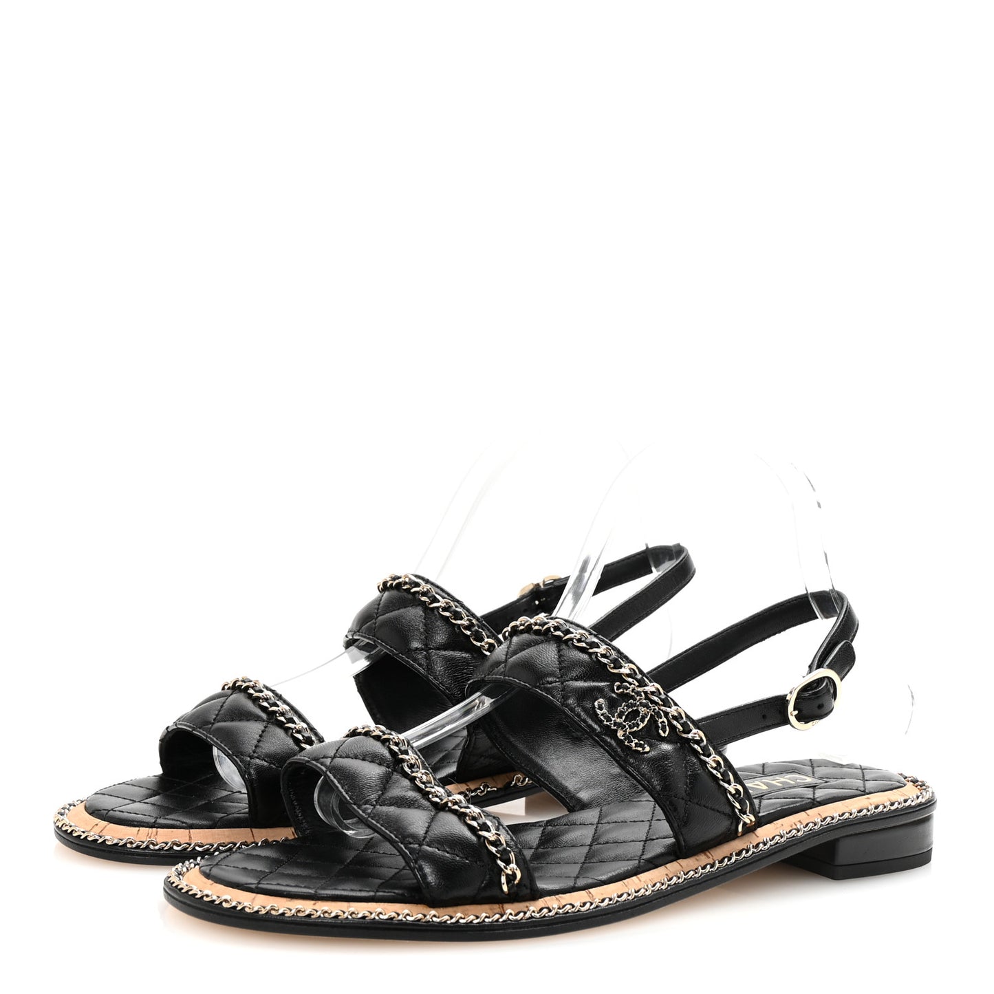 Shiny Lambskin Quilted Chain CC Sandals 41 Black
