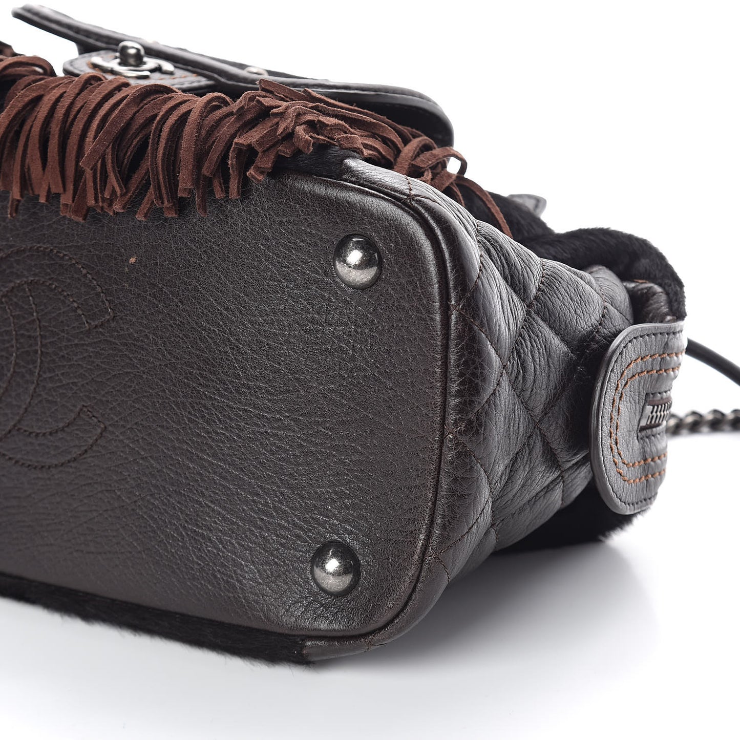 Calfskin Pony Hair Fringe Bowling Bag Brown