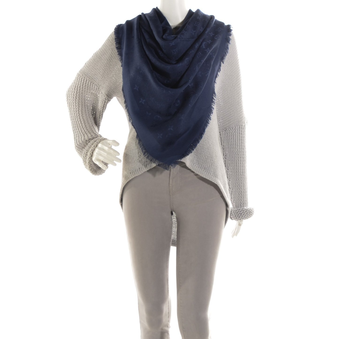 Wool Silk Monogram Shawl Blue Nuit
