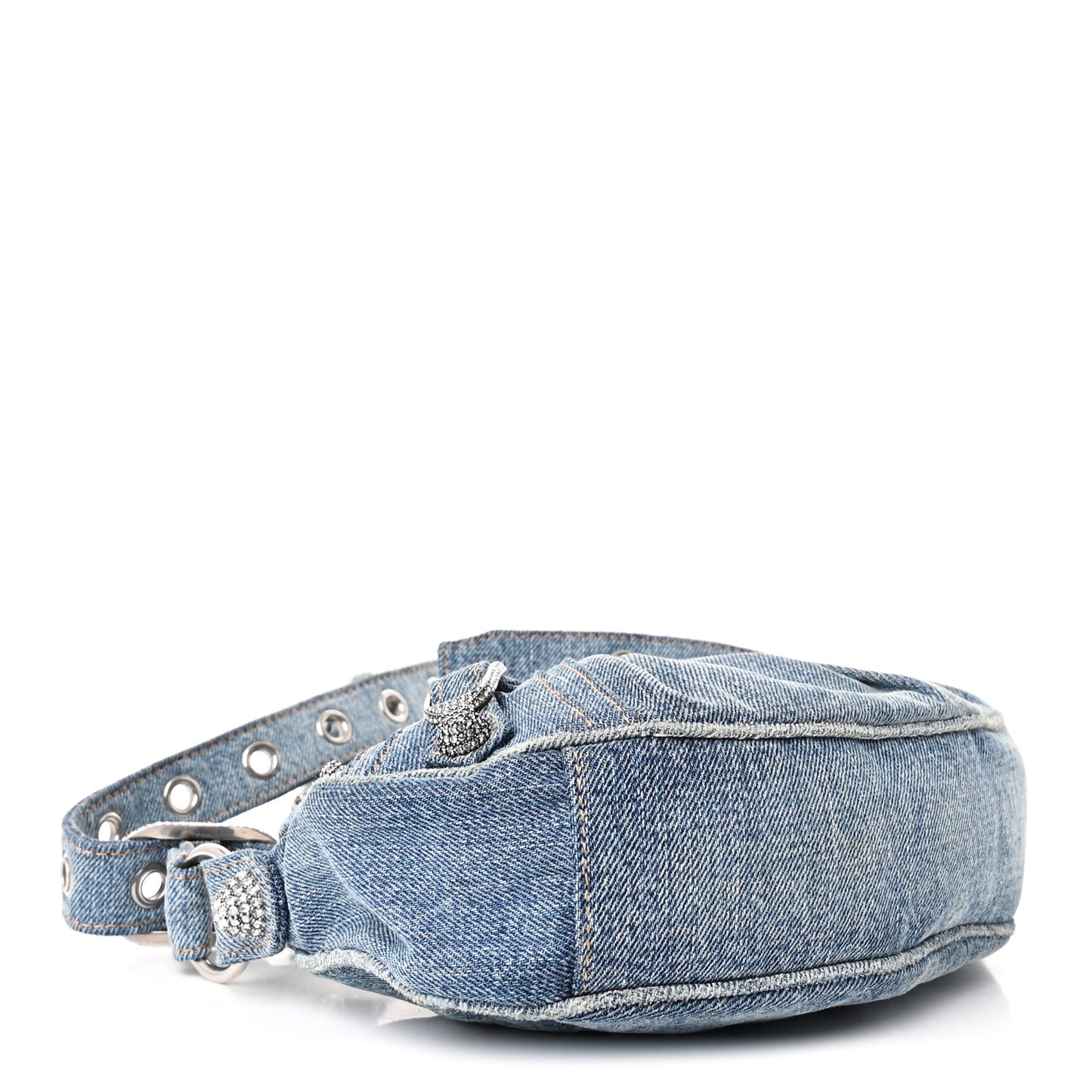 Washed Frayed Denim Crystal Small Le Cagole Shoulder Bag XS Blue