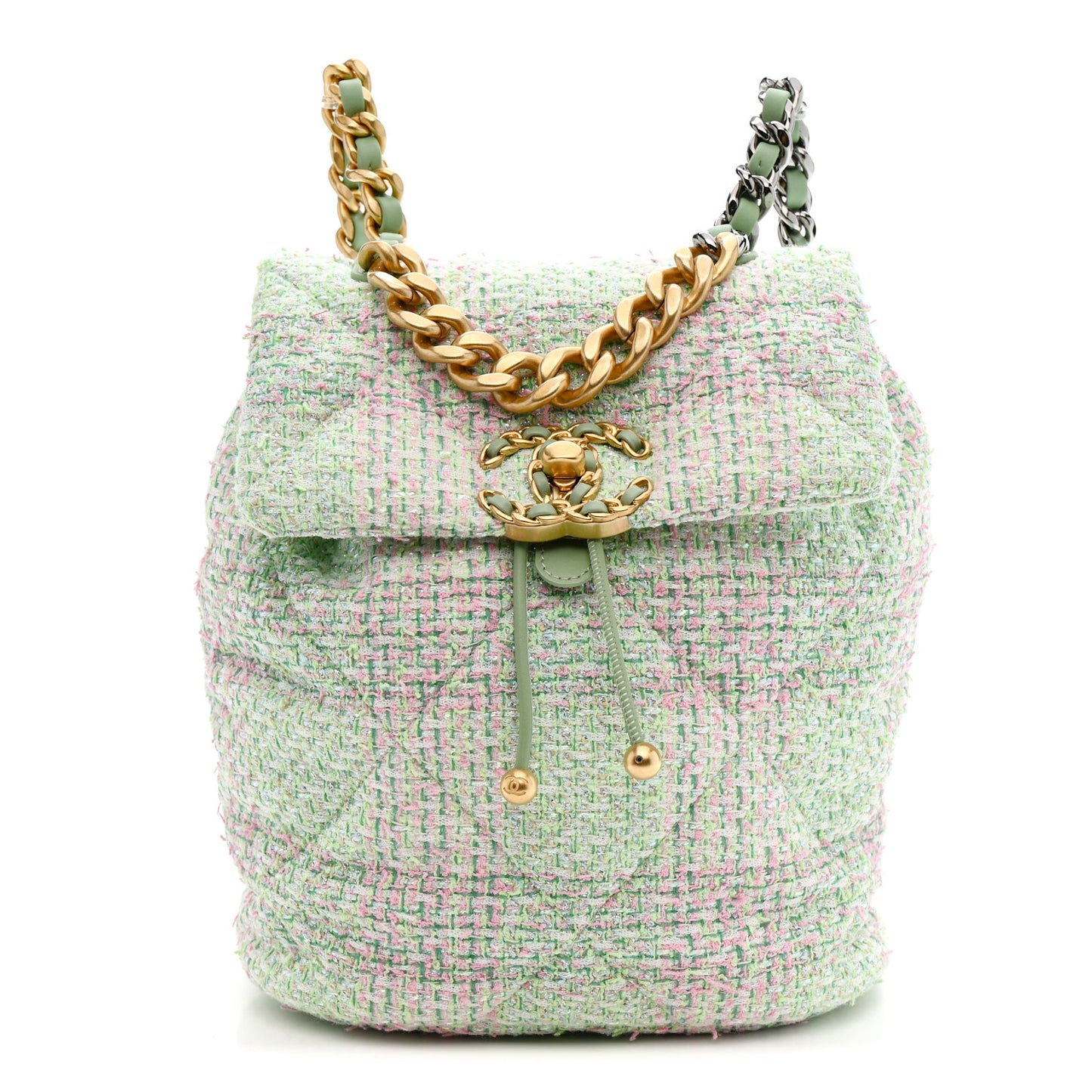 Tweed Quilted Chanel 19 Backpack Green Pink
