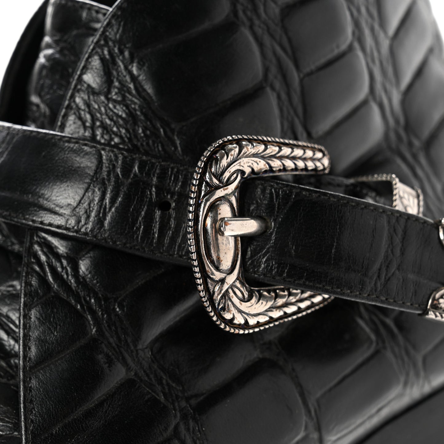 Calfskin Crocodile Embossed Womens Dixon Buckle Ankle Boots 37.5 Black