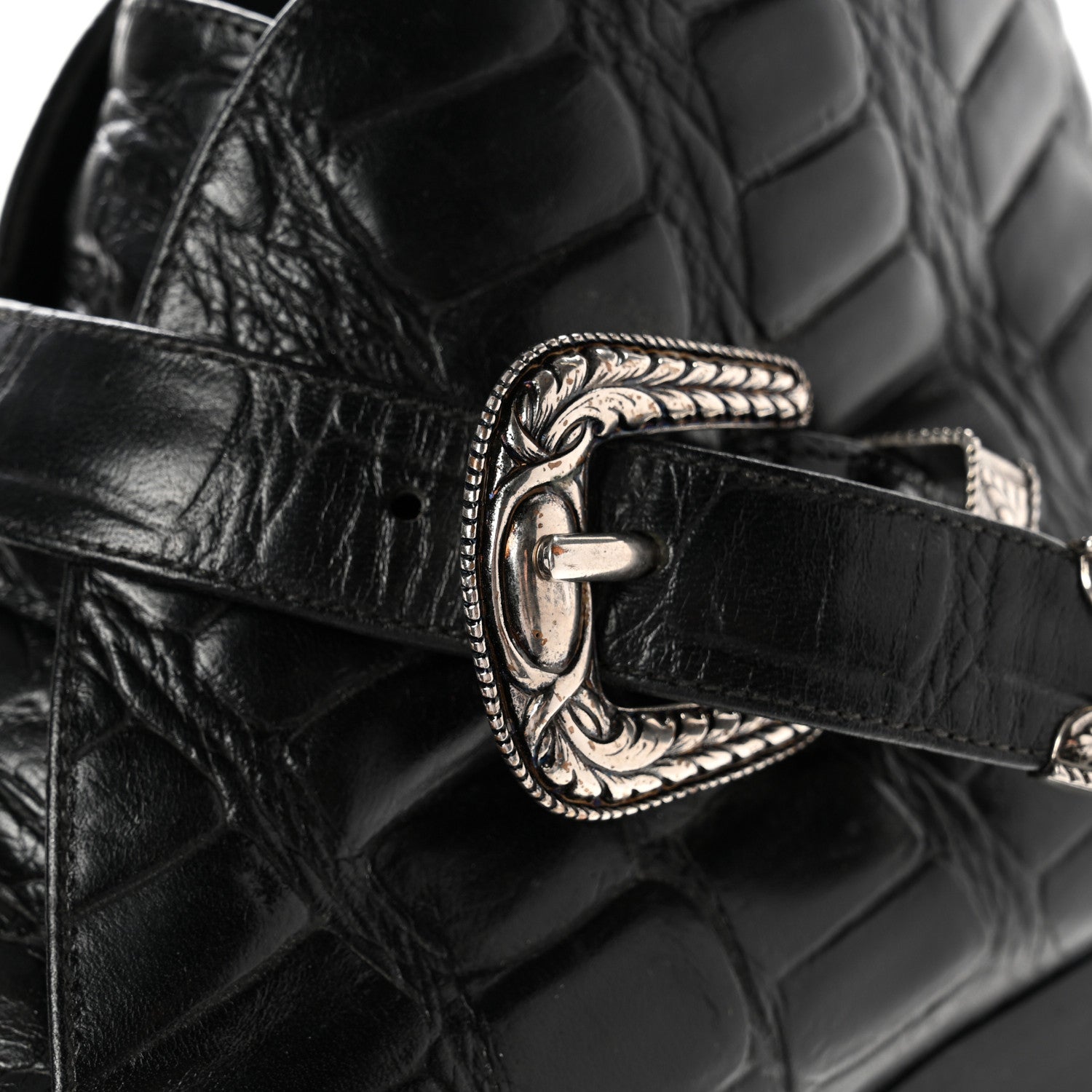 Saint Laurent Calfskin Crocodile Embossed Womens Dixon Buckle Ankle Boots 37.5 Black 9 of 15