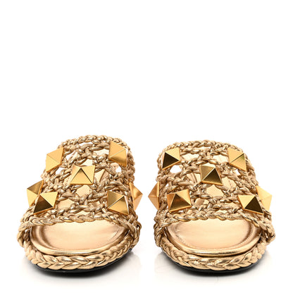 Valentino Garavani Metallic Nappa Woven Roman Stud 65mm Mule Sandals 38 Star Gold 2 of 10