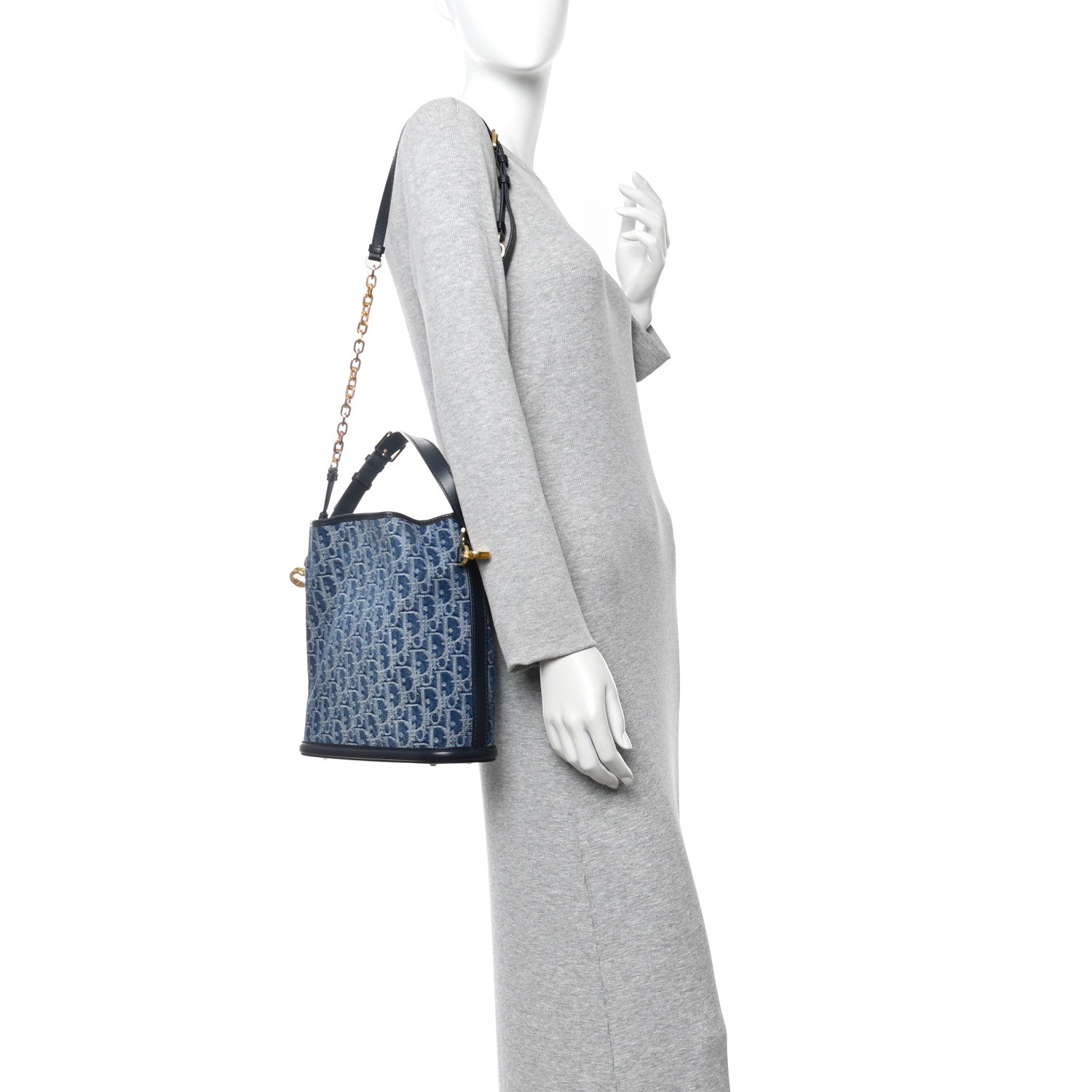 Christian Dior Denim Oblique Jacquard Medium C'est Chain Bucket Bag Denim Blue 2 of 9