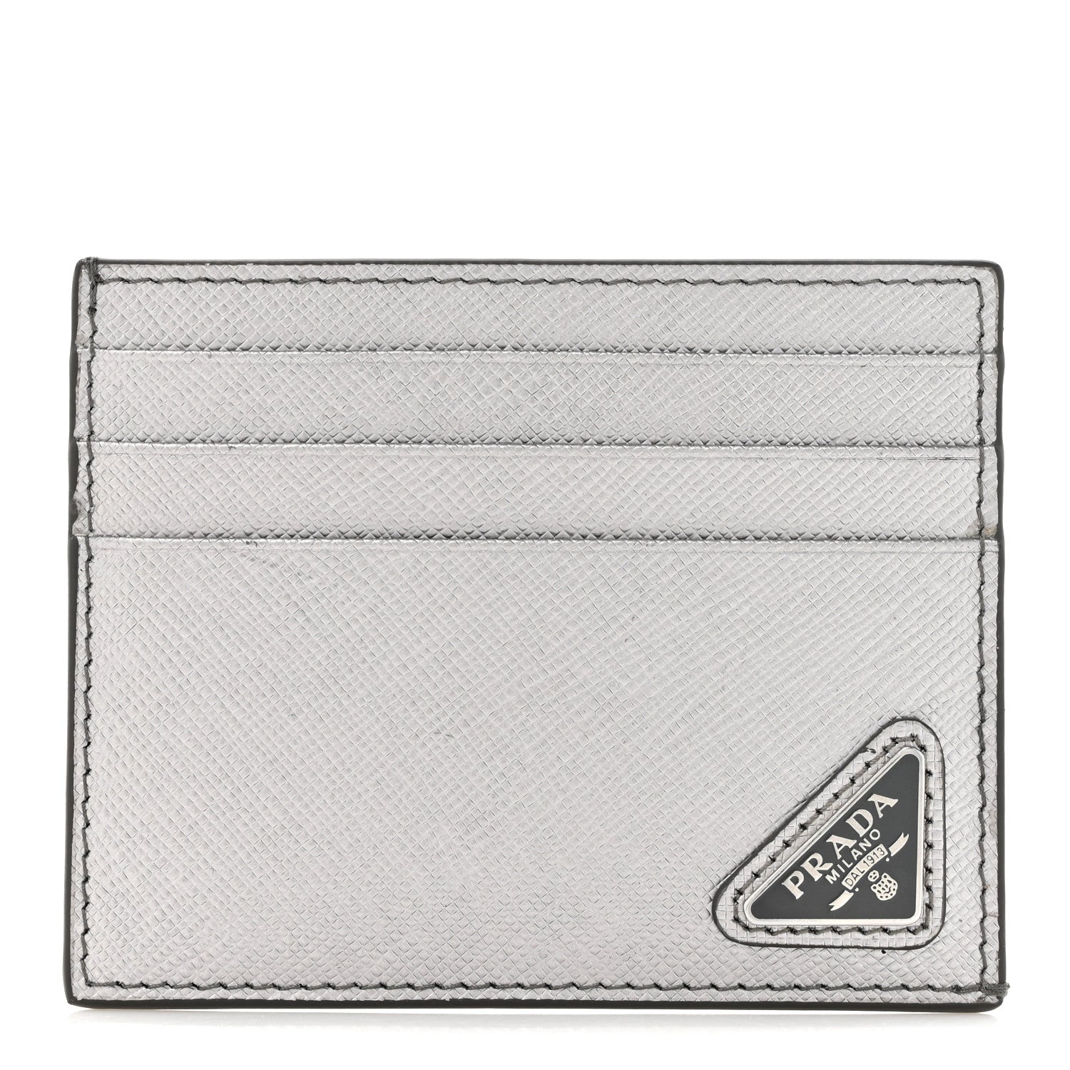 Prada Metallic Saffiano Triangle Card Holder Cromo 1 of 6