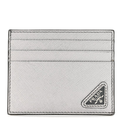 Prada Metallic Saffiano Triangle Card Holder Cromo 1 of 6
